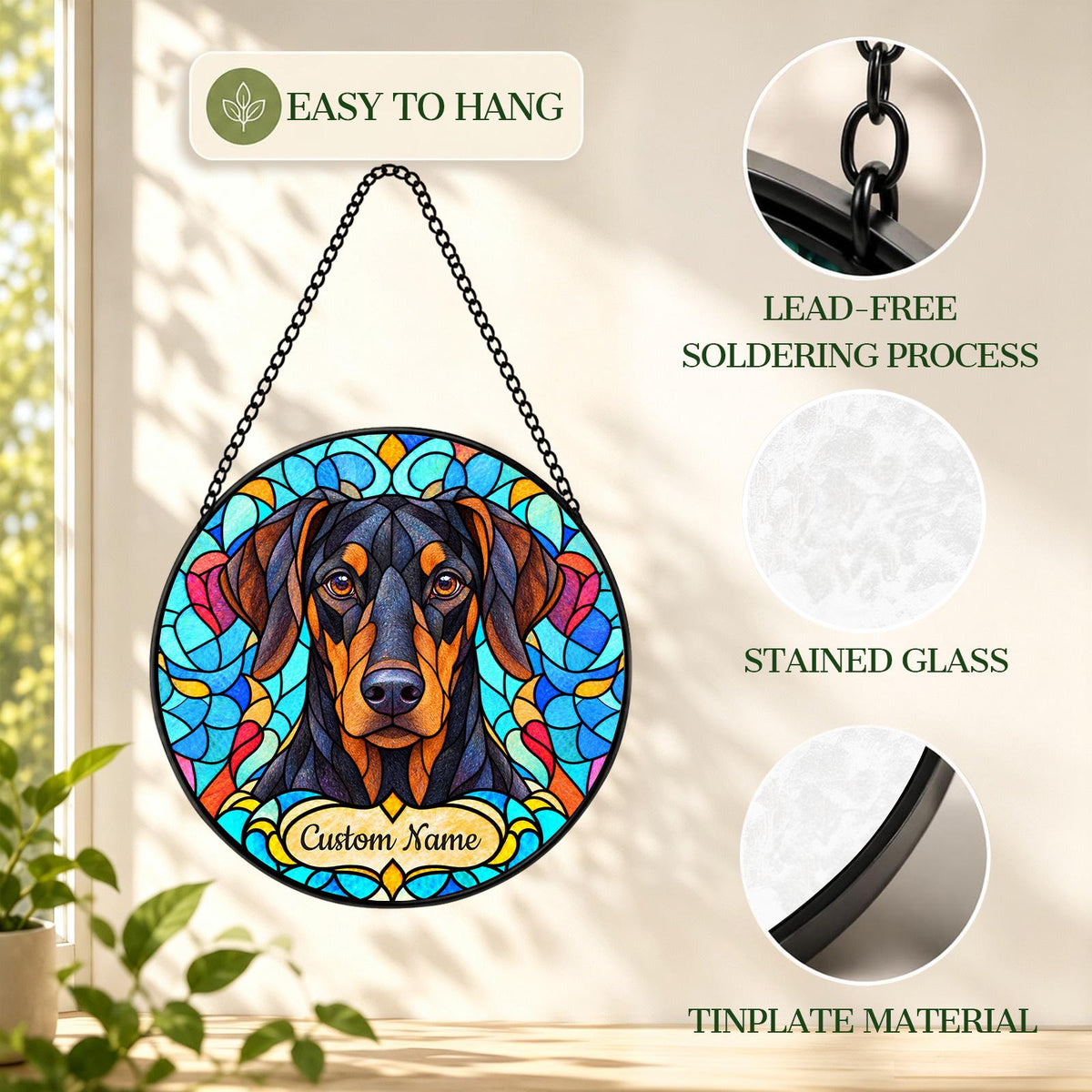 Personalized Doberman Pinscher Suncatcher, Custom Name, Floral Stained Glass Window Hanging