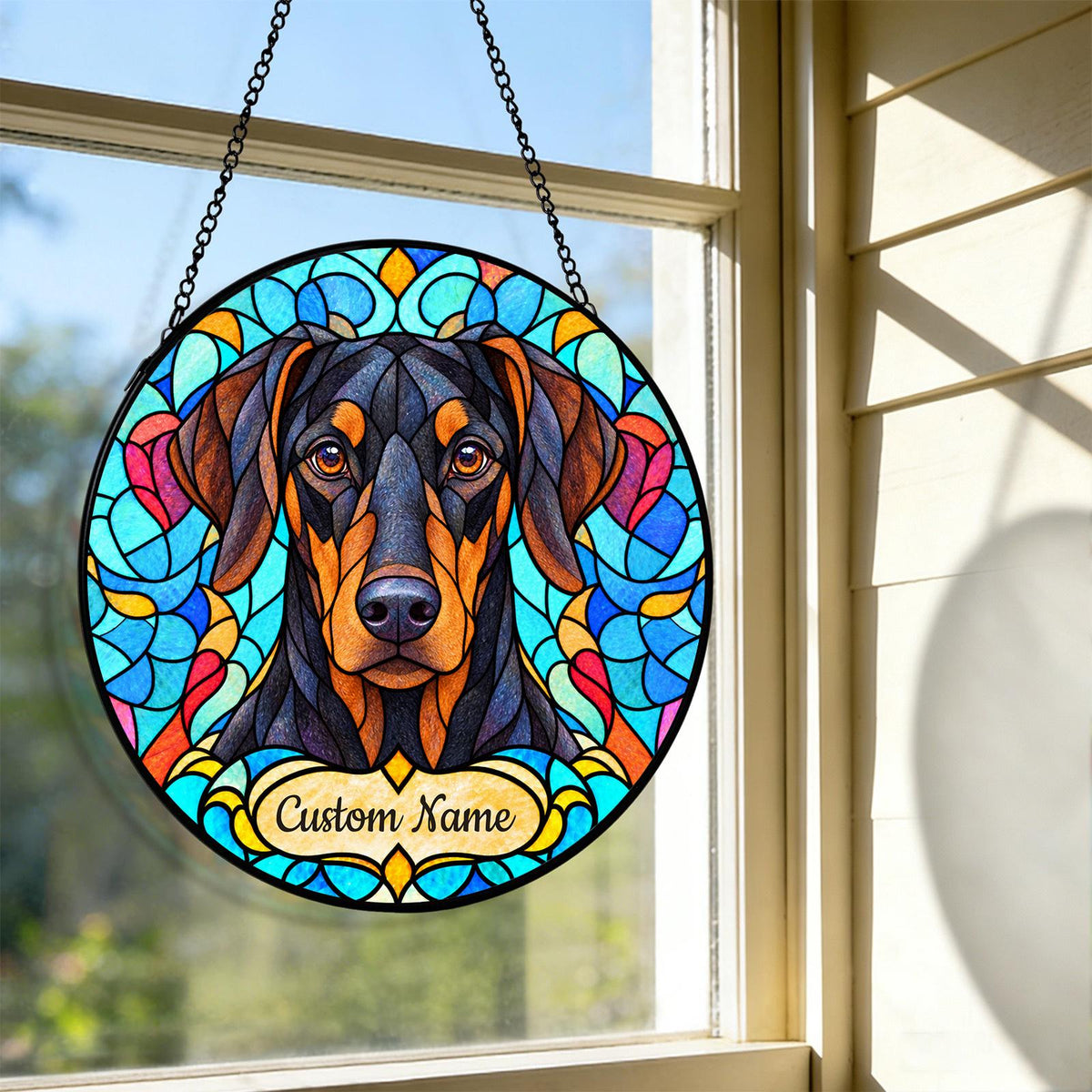 Personalized Doberman Pinscher Suncatcher, Custom Name, Floral Stained Glass Window Hanging