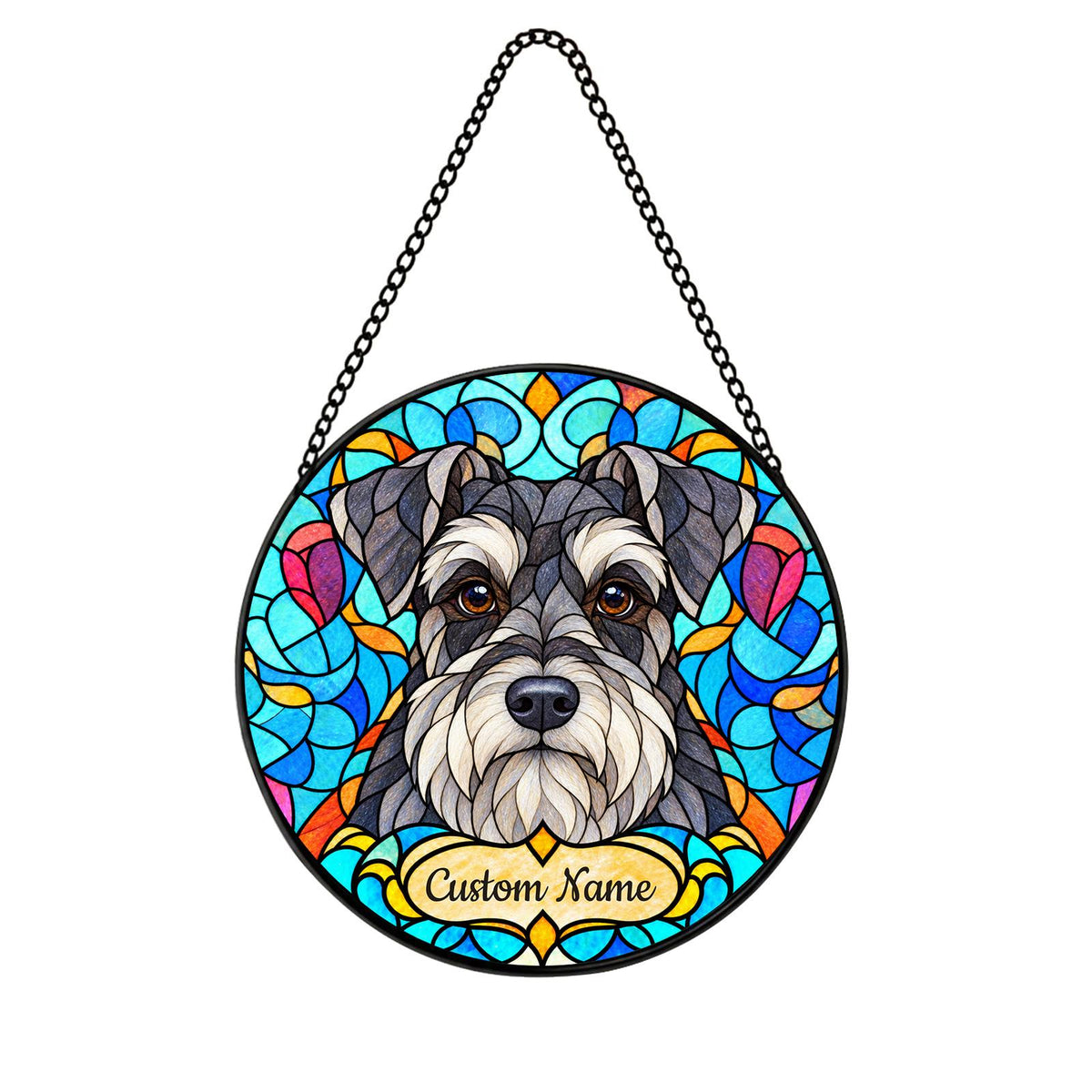 Personalized Miniature Schnauzer Suncatcher, Custom Name, Floral Stained Glass Window Hanging