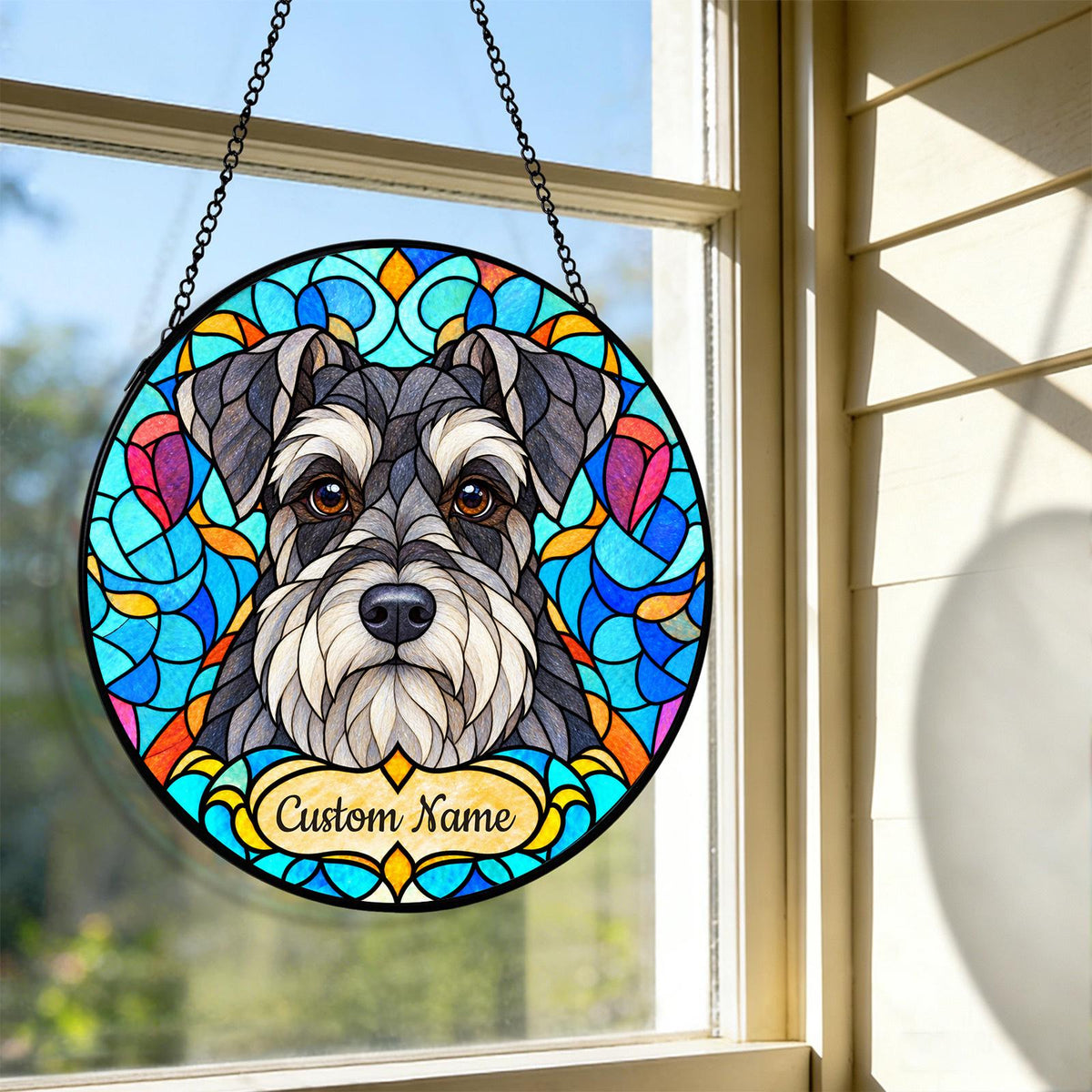 Personalized Miniature Schnauzer Suncatcher, Custom Name, Floral Stained Glass Window Hanging