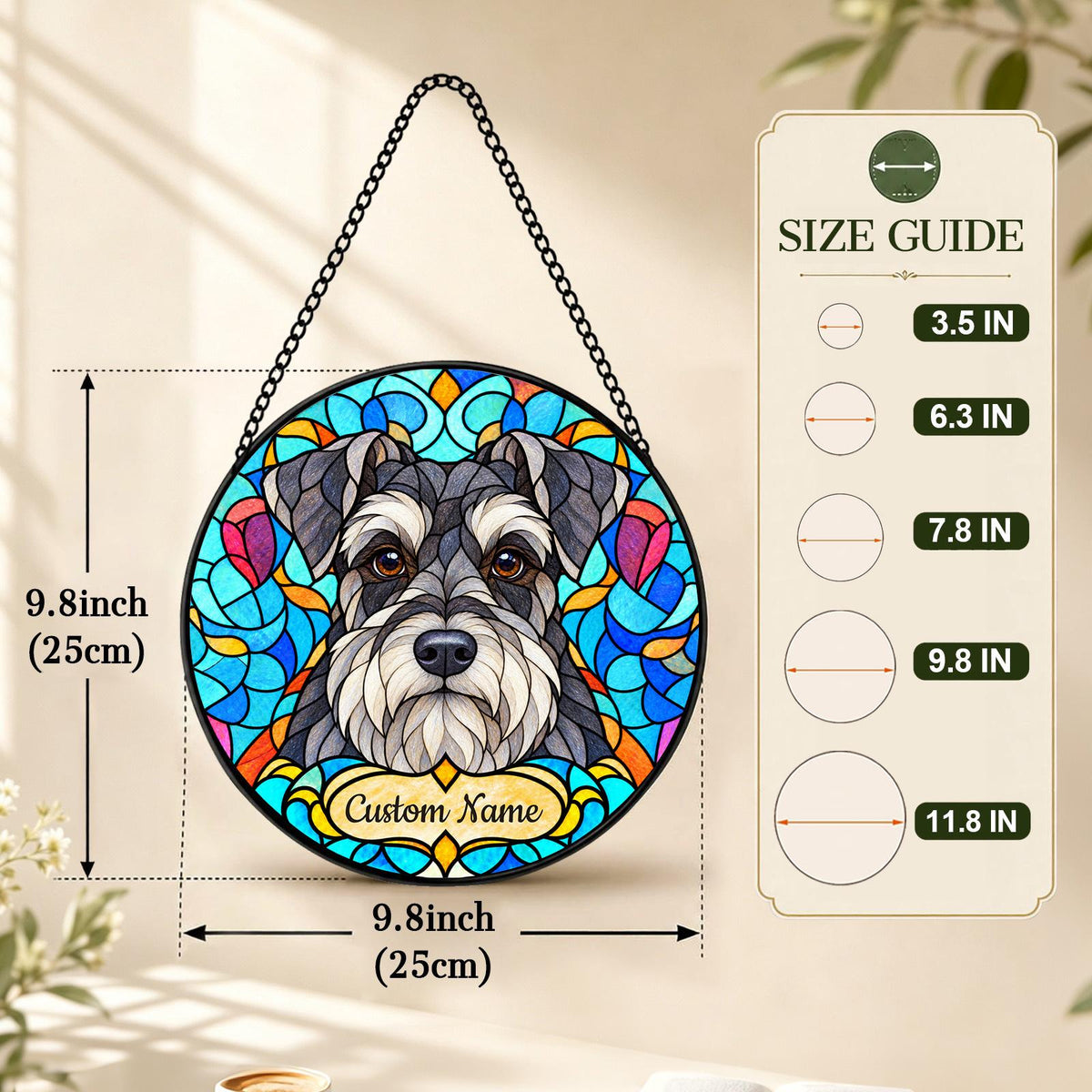 Personalized Miniature Schnauzer Suncatcher, Custom Name, Floral Stained Glass Window Hanging