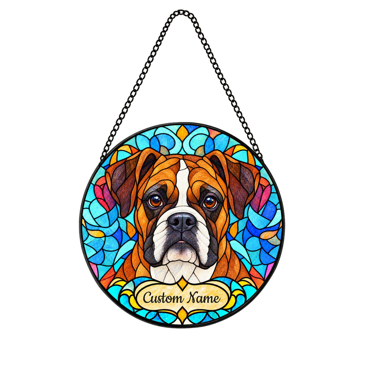 Personalized Boxer Dog Suncatcher, Custom Name, Floral Stained Glass Window Hanging