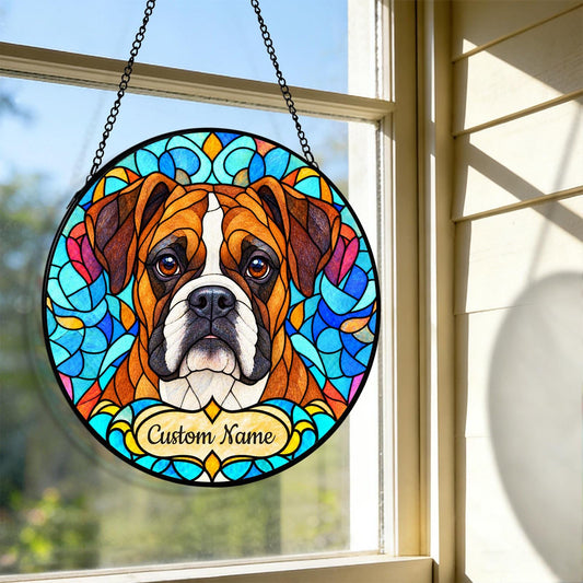 Personalized Boxer Dog Suncatcher, Custom Name, Floral Stained Glass Window Hanging