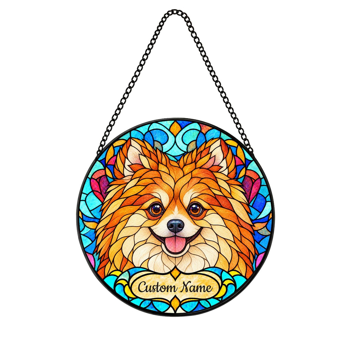 Personalized Pomeranian Suncatcher, Custom Name, Floral Stained Glass Window Hanging