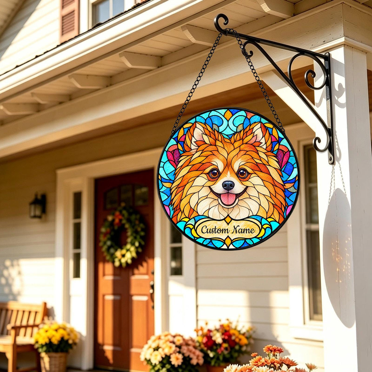 Personalized Pomeranian Suncatcher, Custom Name, Floral Stained Glass Window Hanging