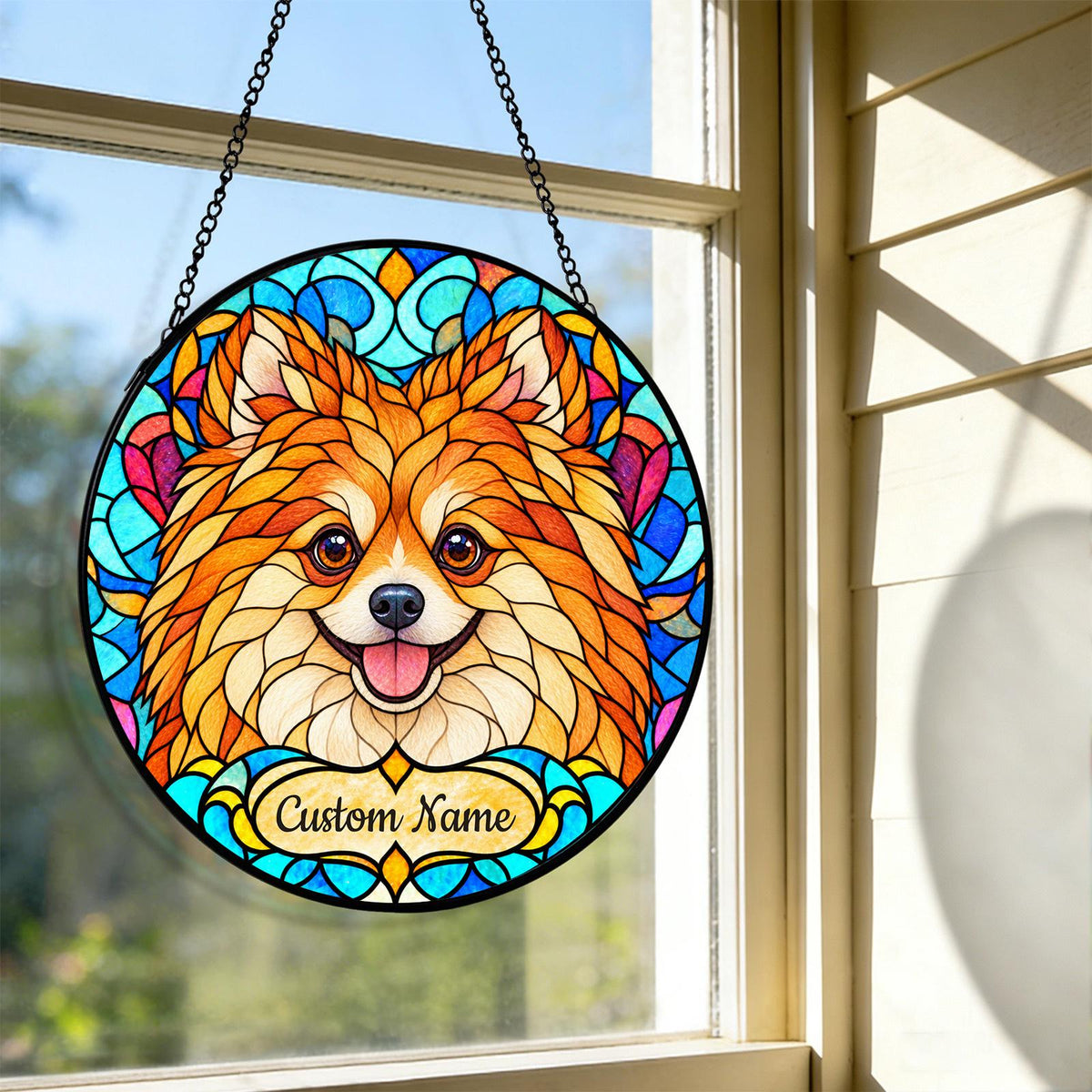 Personalized Pomeranian Suncatcher, Custom Name, Floral Stained Glass Window Hanging