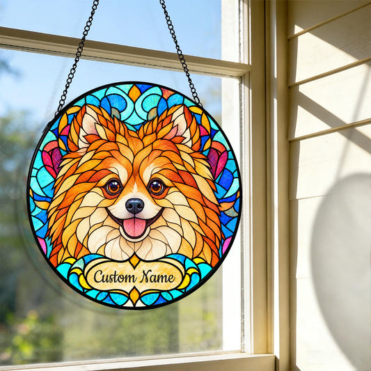 Personalized Pomeranian Suncatcher, Custom Name, Floral Stained Glass Window Hanging