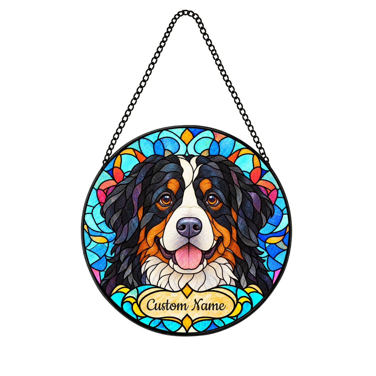 Personalized Bernese Mountain Dog Suncatcher, Custom Name, Floral Stained Glass Window Hanging