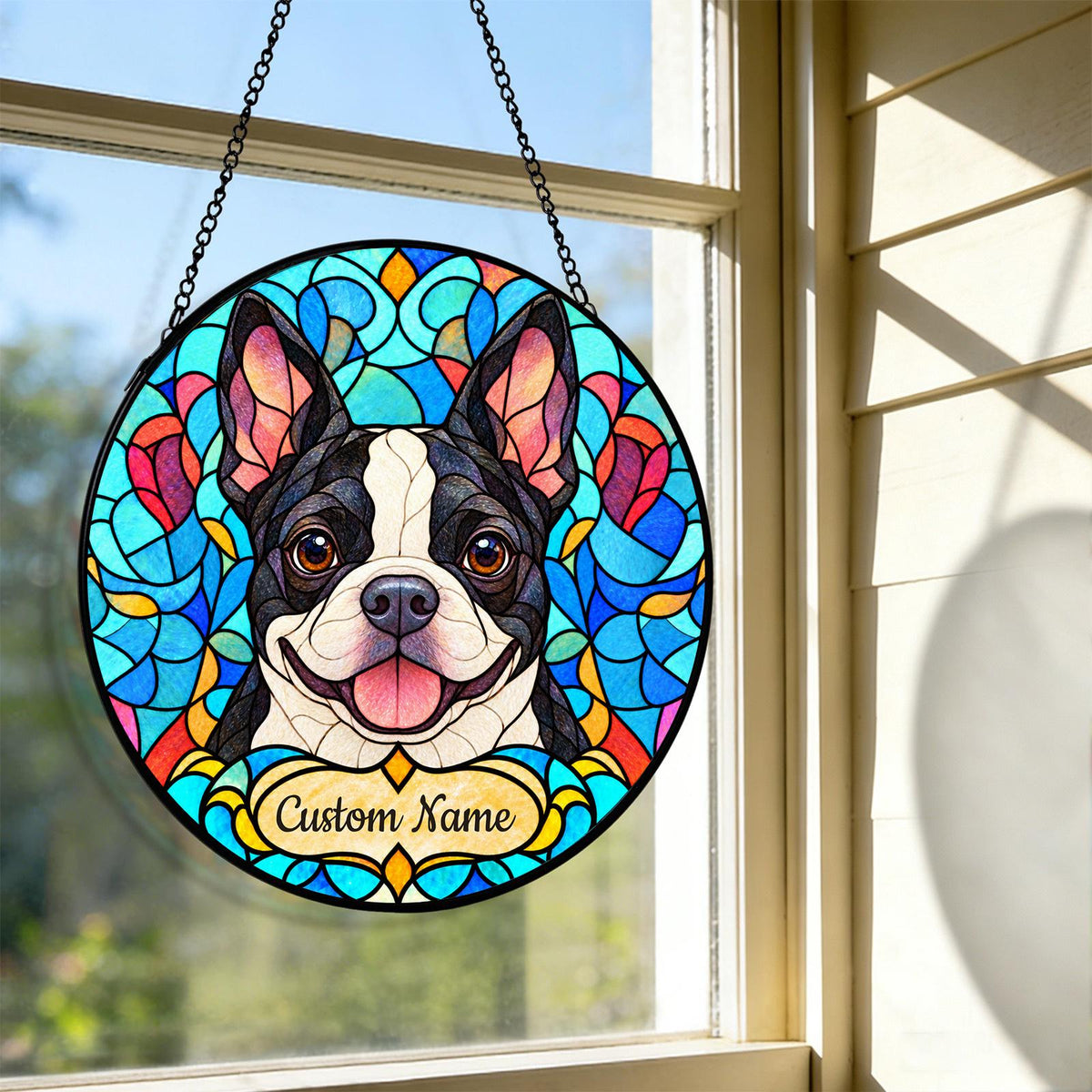 Personalized Boston Terrier Suncatcher, Custom Name, Floral Stained Glass Window Hanging