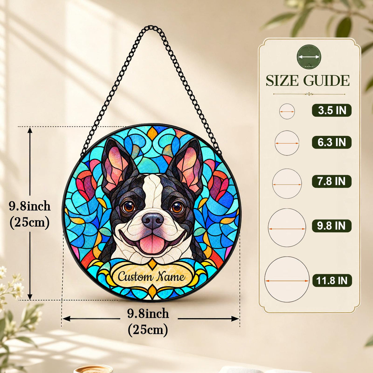 Personalized Boston Terrier Suncatcher, Custom Name, Floral Stained Glass Window Hanging