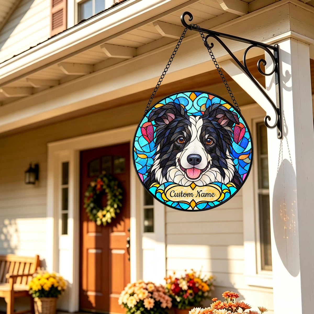 Personalized Border Collie Suncatcher, Custom Name, Floral Stained Glass Window Hanging