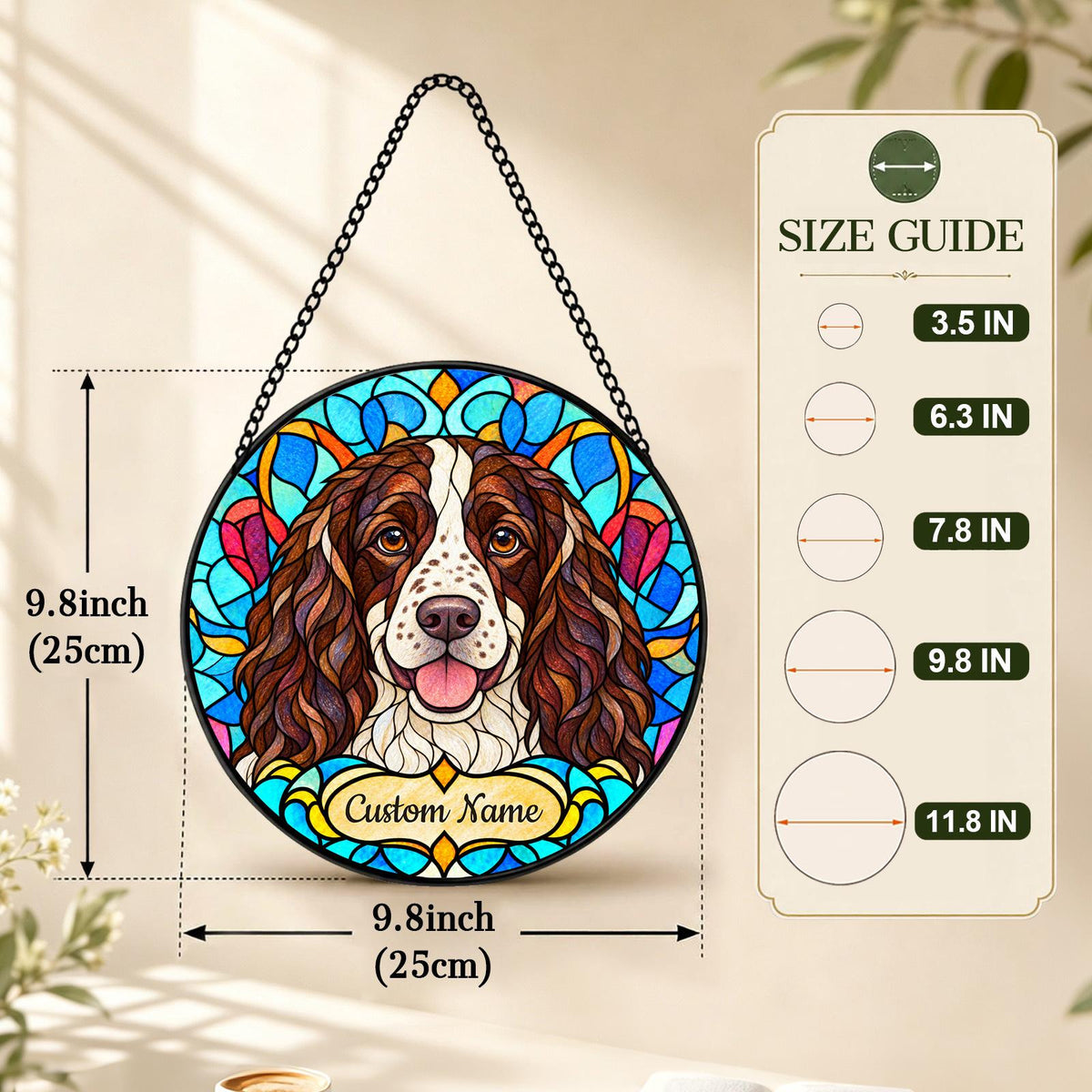 Personalized English Springer Spaniel Suncatcher, Custom Name, Floral Stained Glass Window Hanging