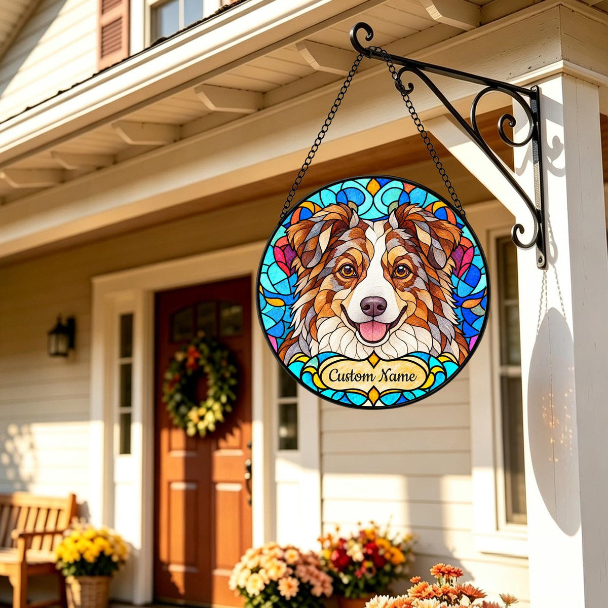 Personalized Miniature American Shepherd Suncatcher, Custom Name, Floral Stained Glass Window Hanging