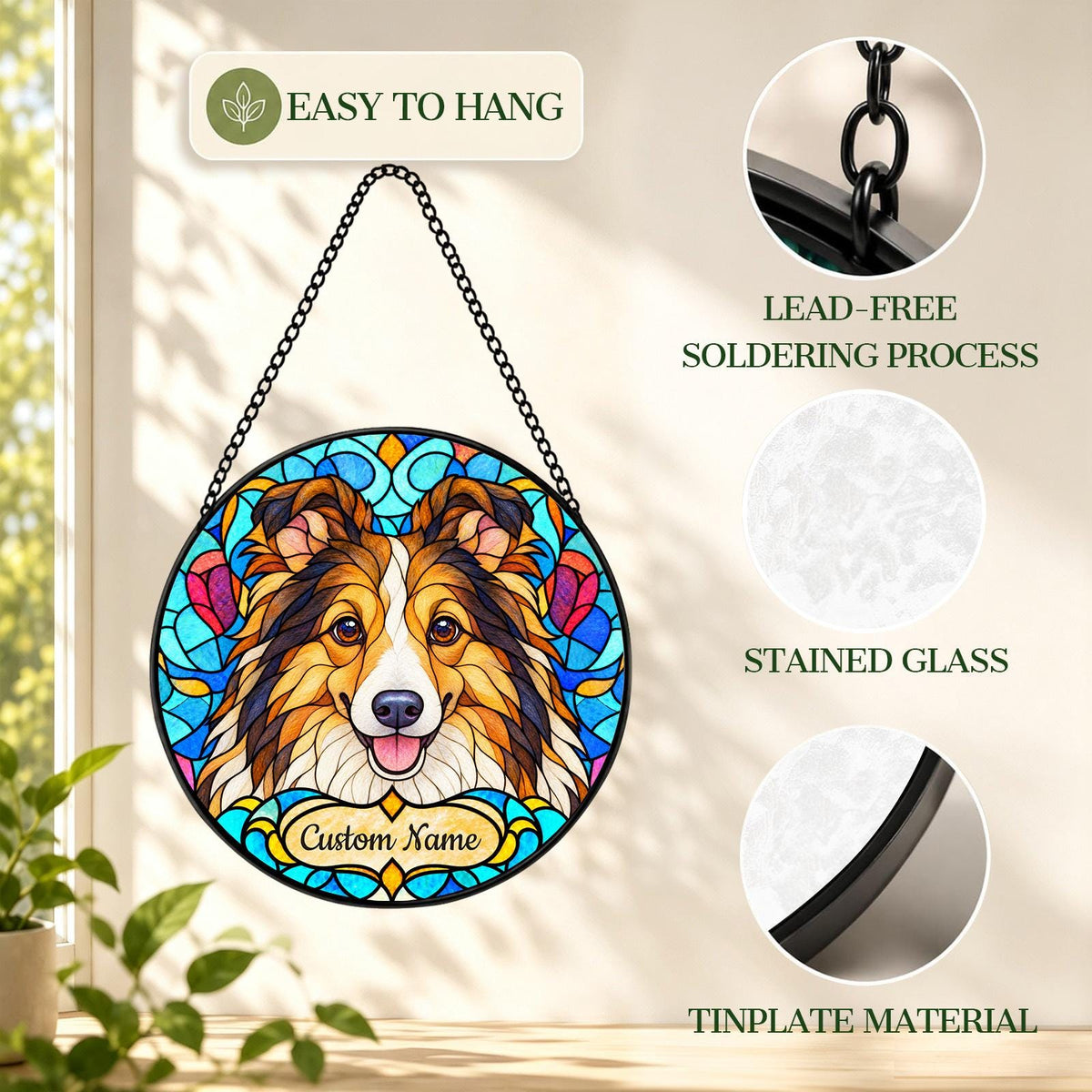 Personalized Shetland Sheepdog Suncatcher, Custom Name, Floral Stained Glass Window Hanging