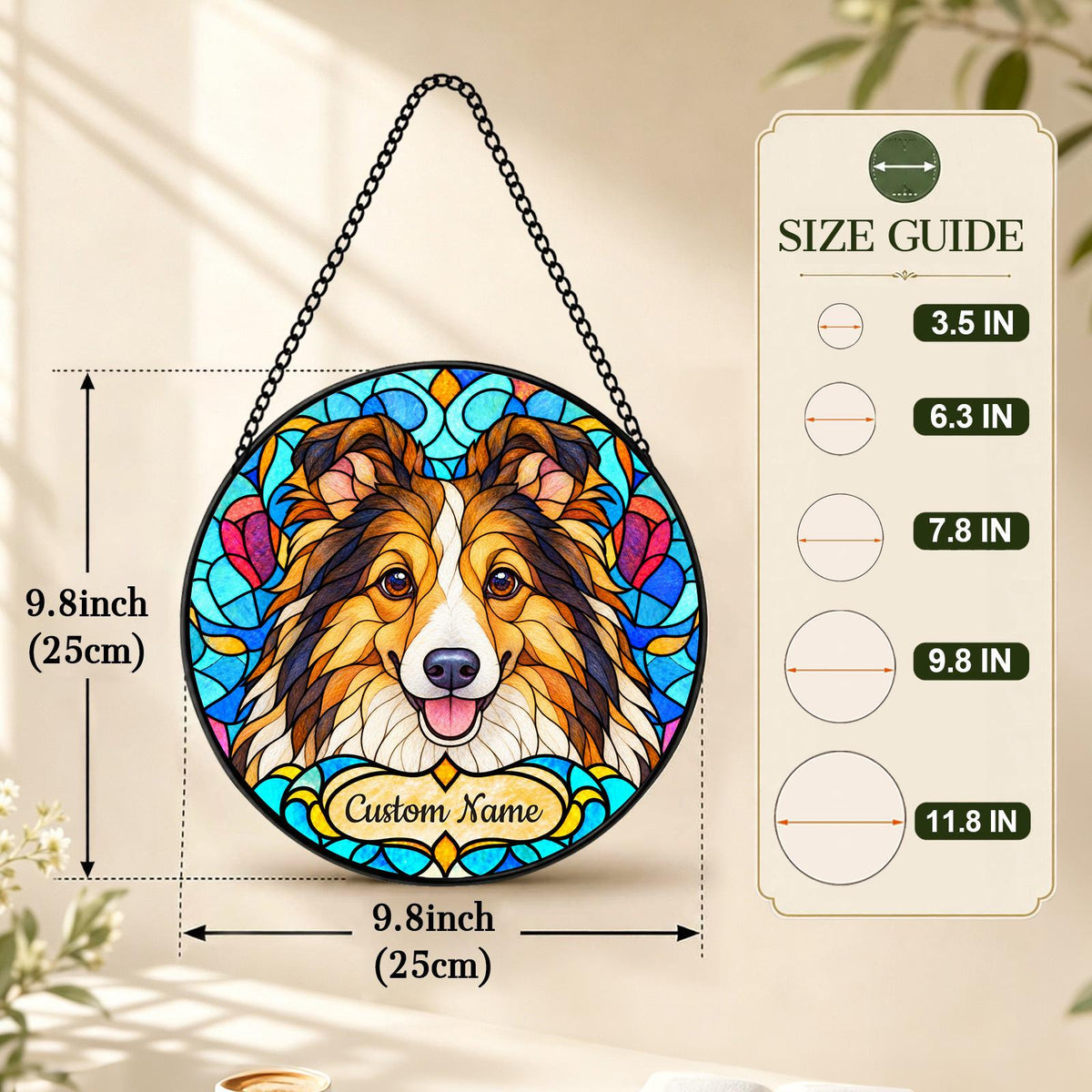 Personalized Shetland Sheepdog Suncatcher, Custom Name, Floral Stained Glass Window Hanging