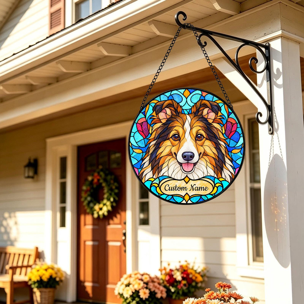 Personalized Shetland Sheepdog Suncatcher, Custom Name, Floral Stained Glass Window Hanging