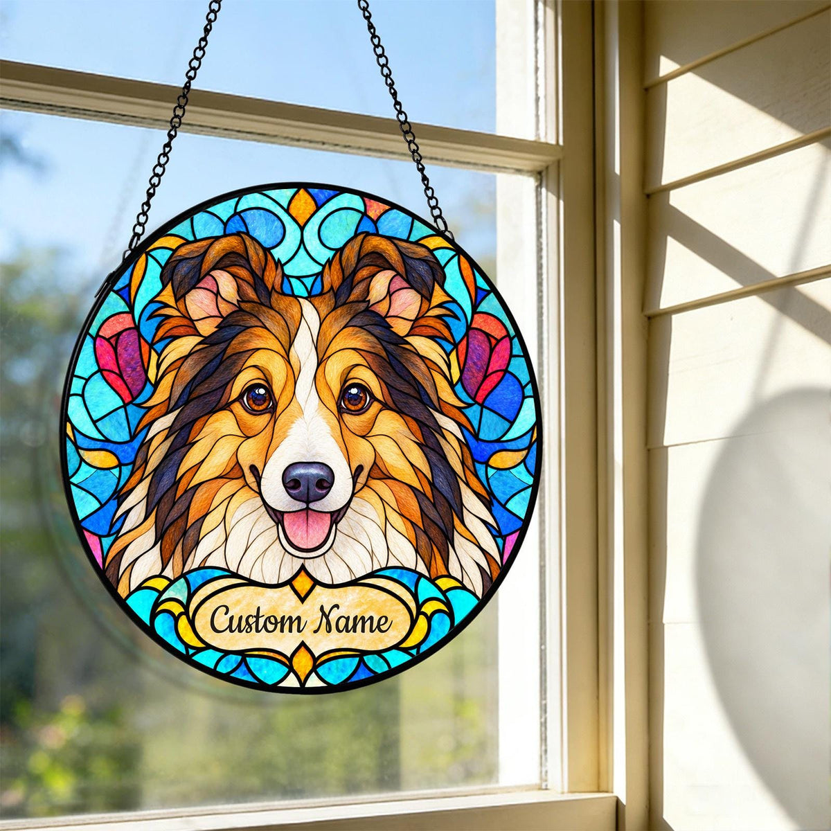 Personalized Shetland Sheepdog Suncatcher, Custom Name, Floral Stained Glass Window Hanging