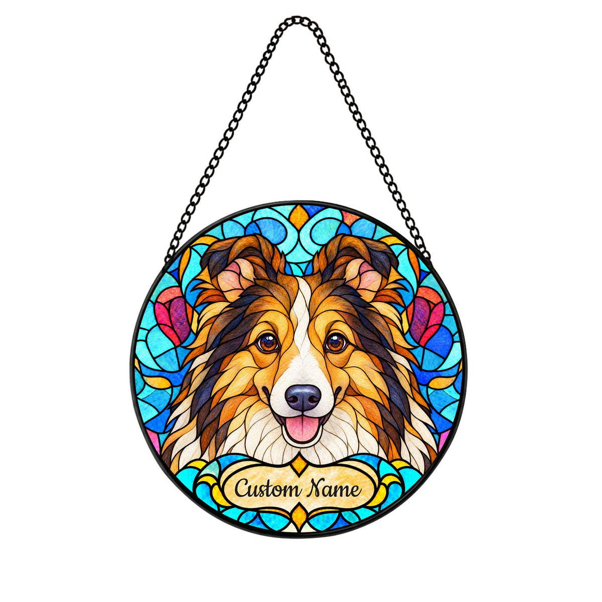Personalized Shetland Sheepdog Suncatcher, Custom Name, Floral Stained Glass Window Hanging