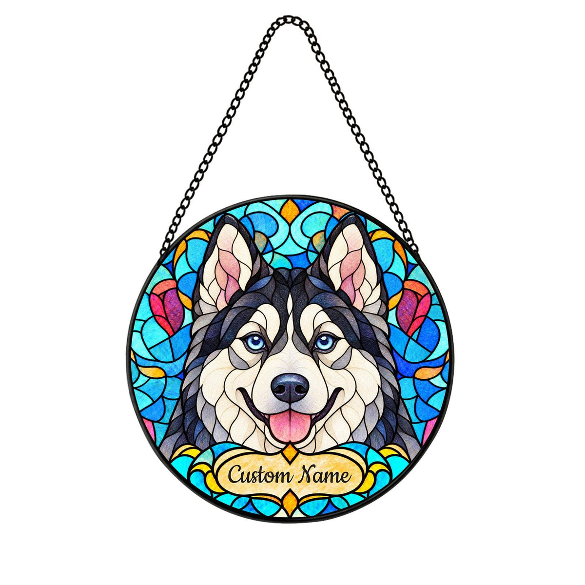 Personalized Siberian Husky Suncatcher, Custom Name, Floral Stained Glass Window Hanging