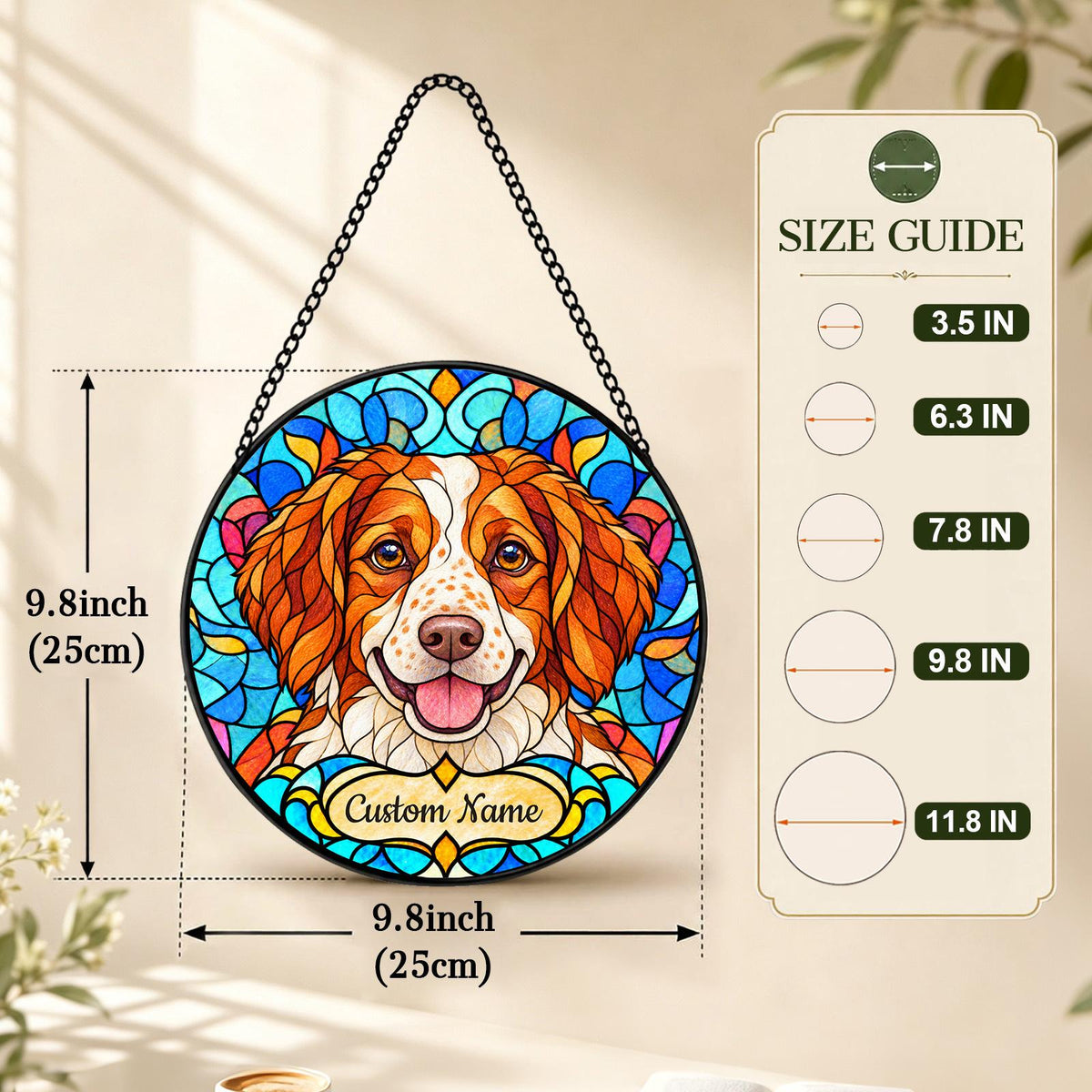 Personalized Brittany Dog Suncatcher, Custom Name, Floral Stained Glass Window Hanging