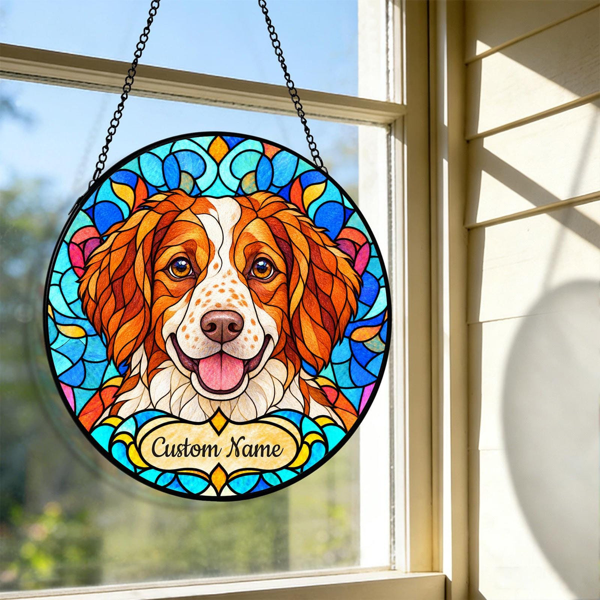 Personalized Brittany Dog Suncatcher, Custom Name, Floral Stained Glass Window Hanging
