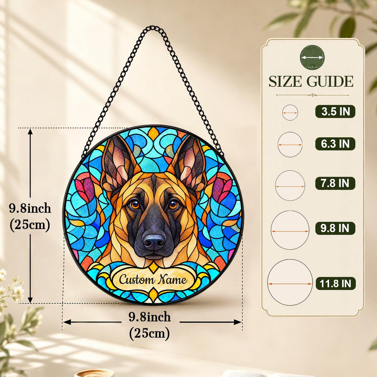 Personalized Belgian Malinois Suncatcher, Custom Name, Floral Stained Glass Window Hanging