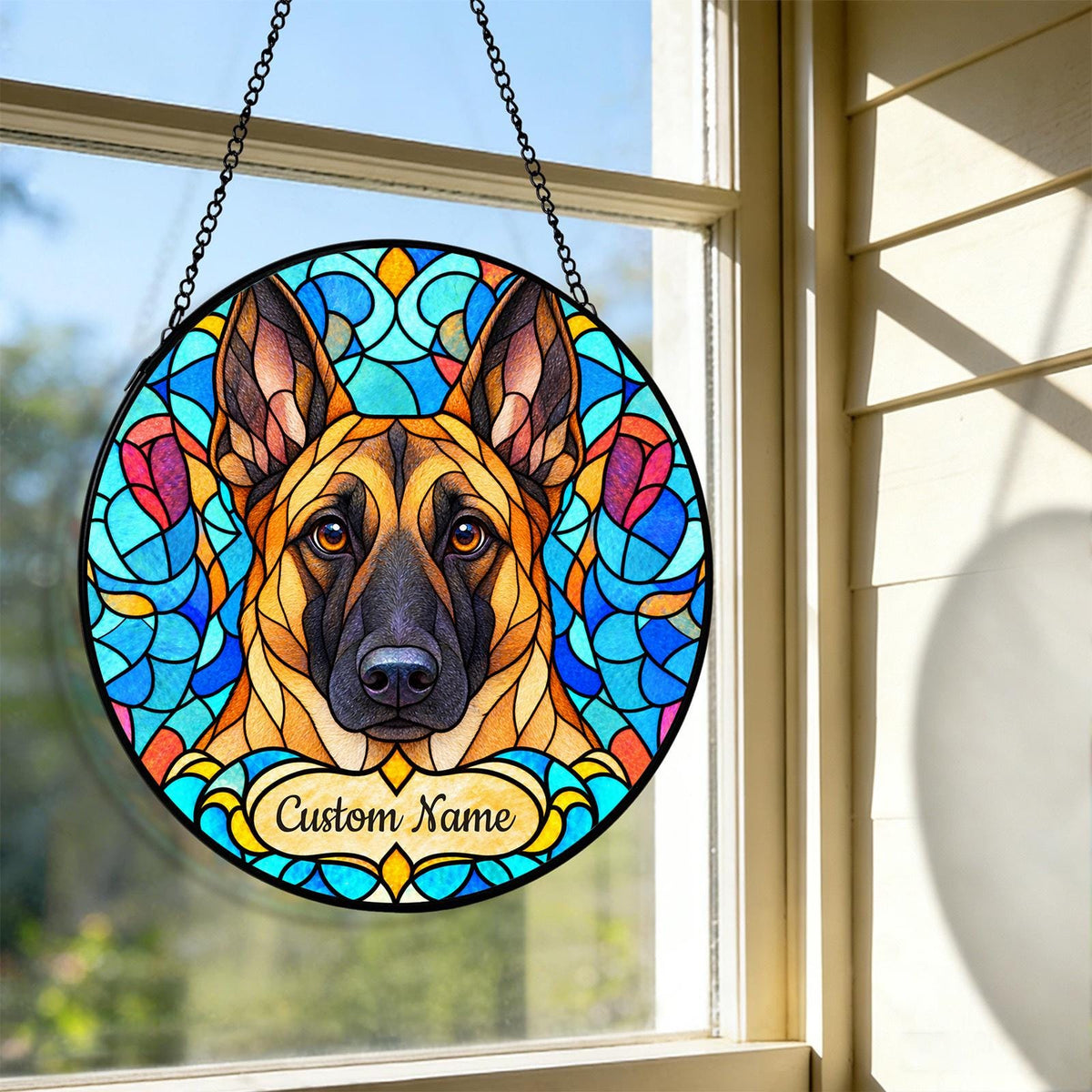 Personalized Belgian Malinois Suncatcher, Custom Name, Floral Stained Glass Window Hanging