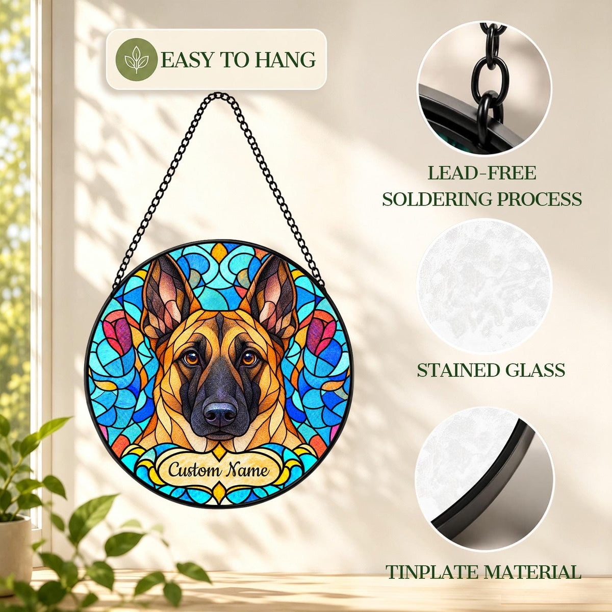 Personalized Belgian Malinois Suncatcher, Custom Name, Floral Stained Glass Window Hanging