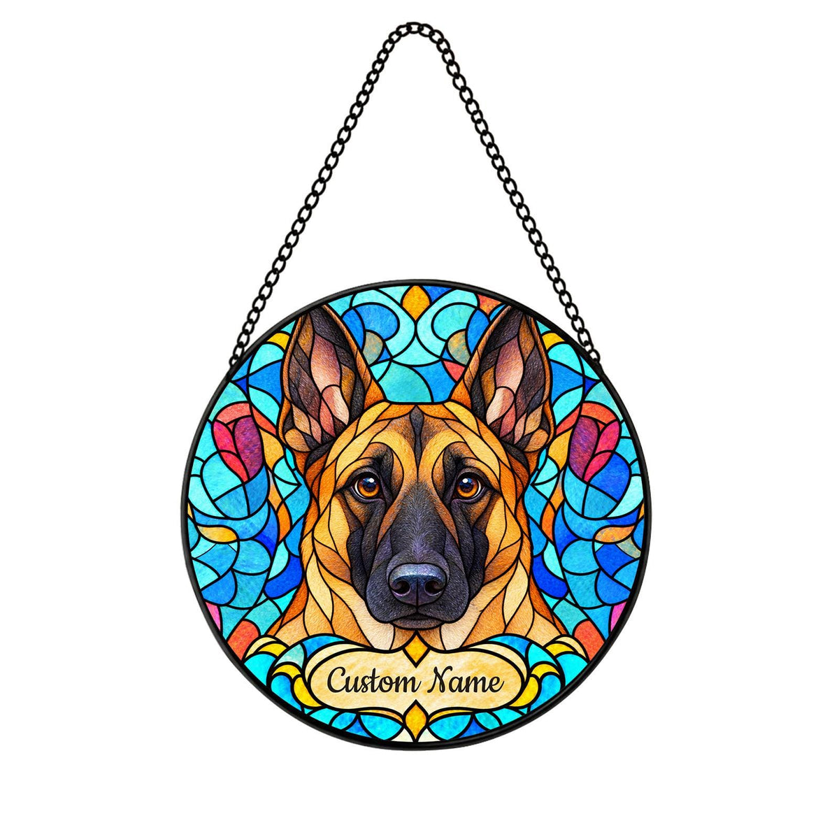 Personalized Belgian Malinois Suncatcher, Custom Name, Floral Stained Glass Window Hanging
