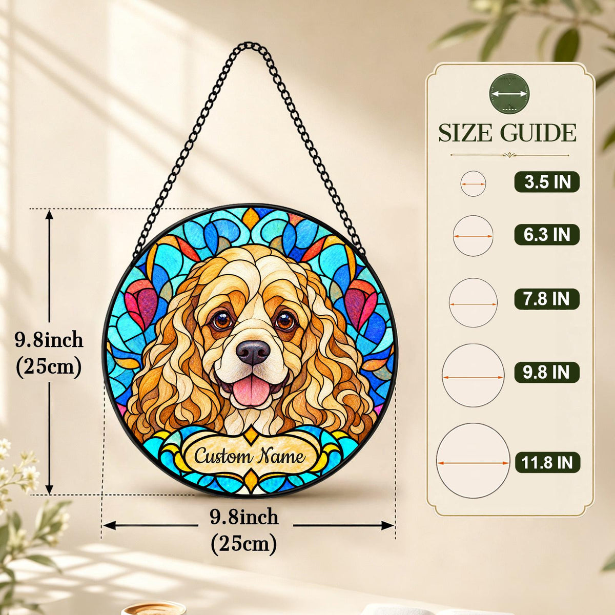 Personalized American Cocker Spaniel Suncatcher, Custom Name, Floral Stained Glass Window Hanging