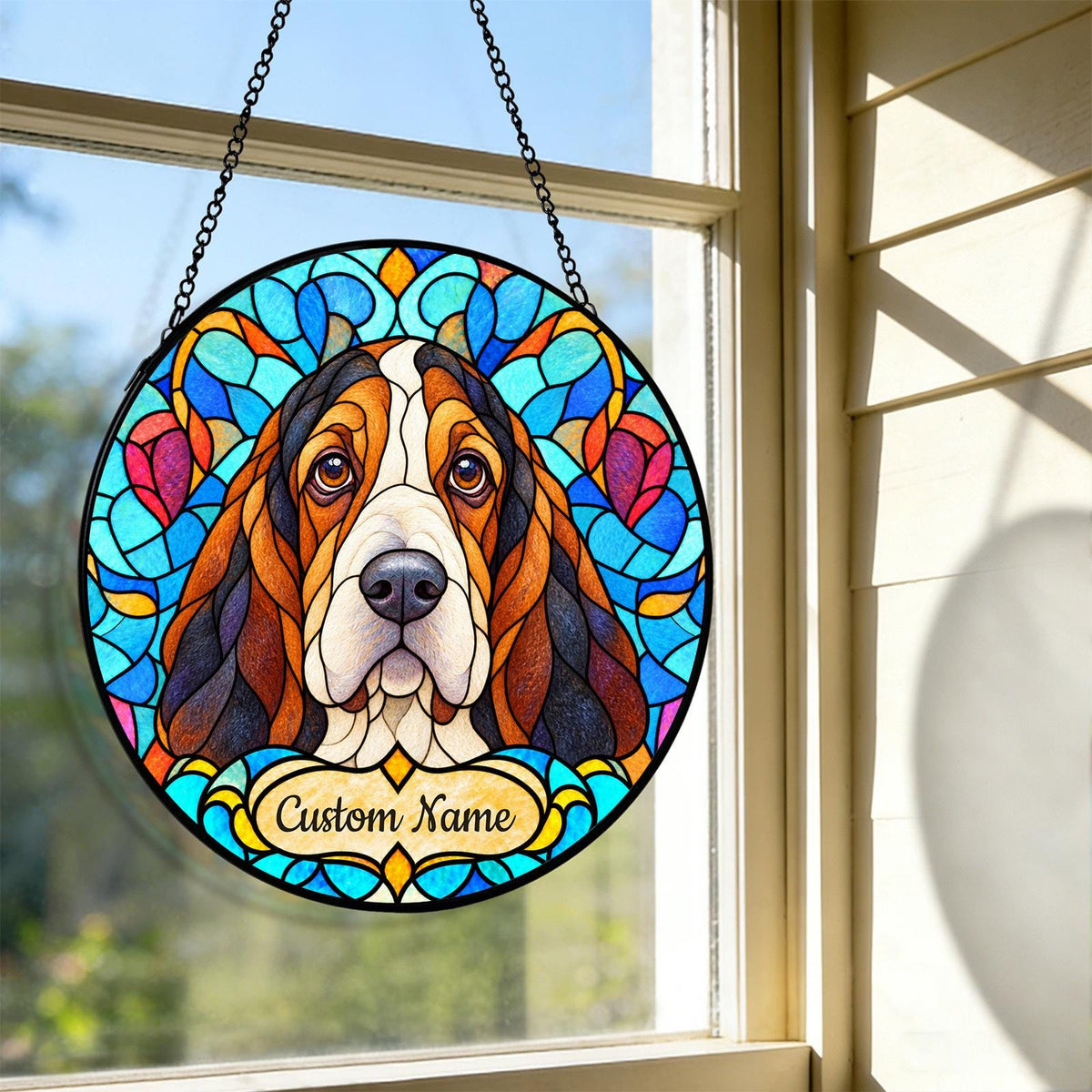 Personalized Basset Hound Suncatcher, Custom Name, Floral Stained Glass Window Hanging