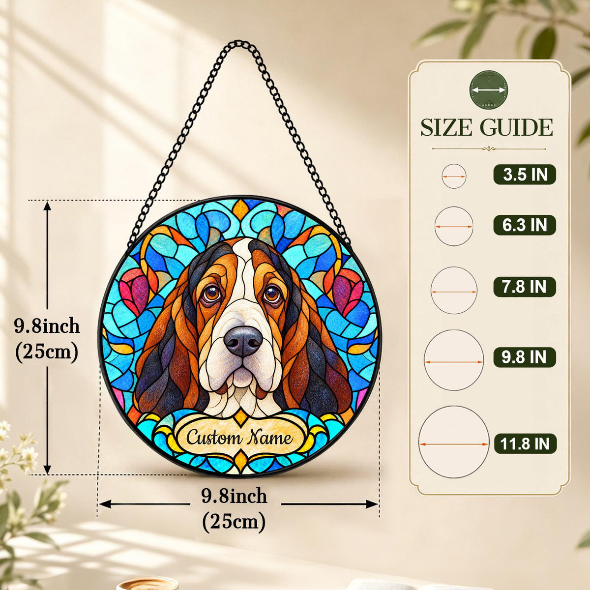 Personalized Basset Hound Suncatcher, Custom Name, Floral Stained Glass Window Hanging