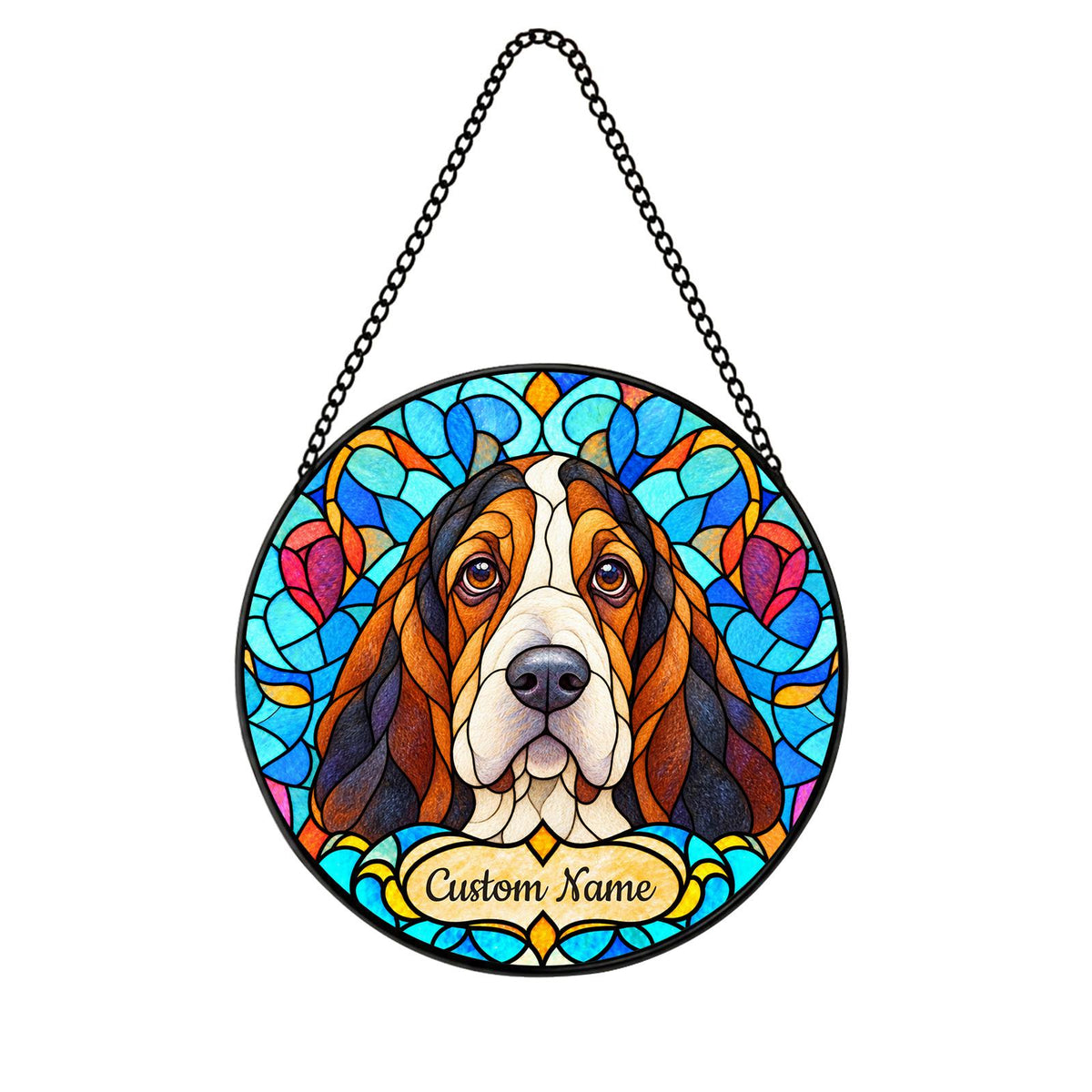 Personalized Basset Hound Suncatcher, Custom Name, Floral Stained Glass Window Hanging