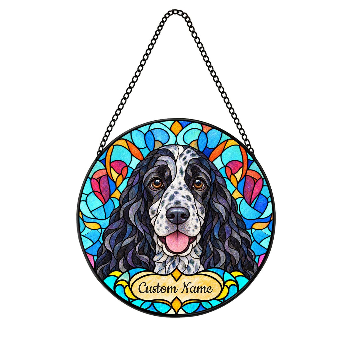 Personalized English Cocker Spaniel Suncatcher, Custom Name, Floral Stained Glass Window Hanging