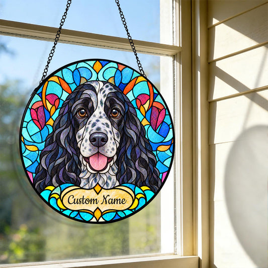 Personalized English Cocker Spaniel Suncatcher, Custom Name, Floral Stained Glass Window Hanging