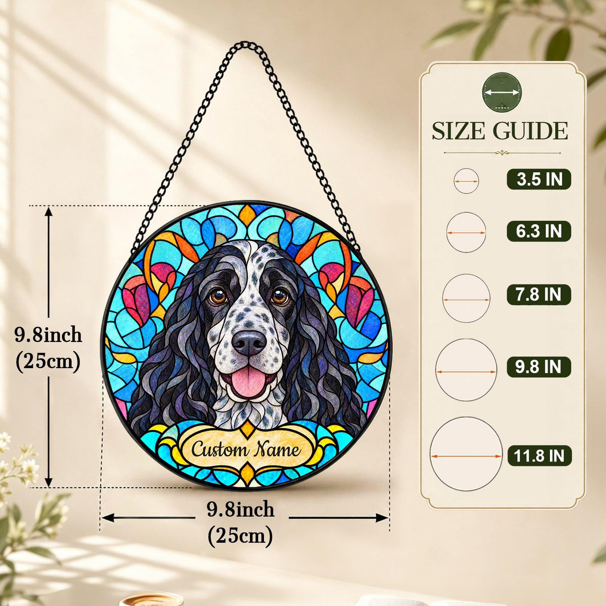 Personalized English Cocker Spaniel Suncatcher, Custom Name, Floral Stained Glass Window Hanging