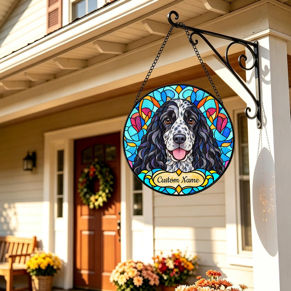 Personalized English Cocker Spaniel Suncatcher, Custom Name, Floral Stained Glass Window Hanging