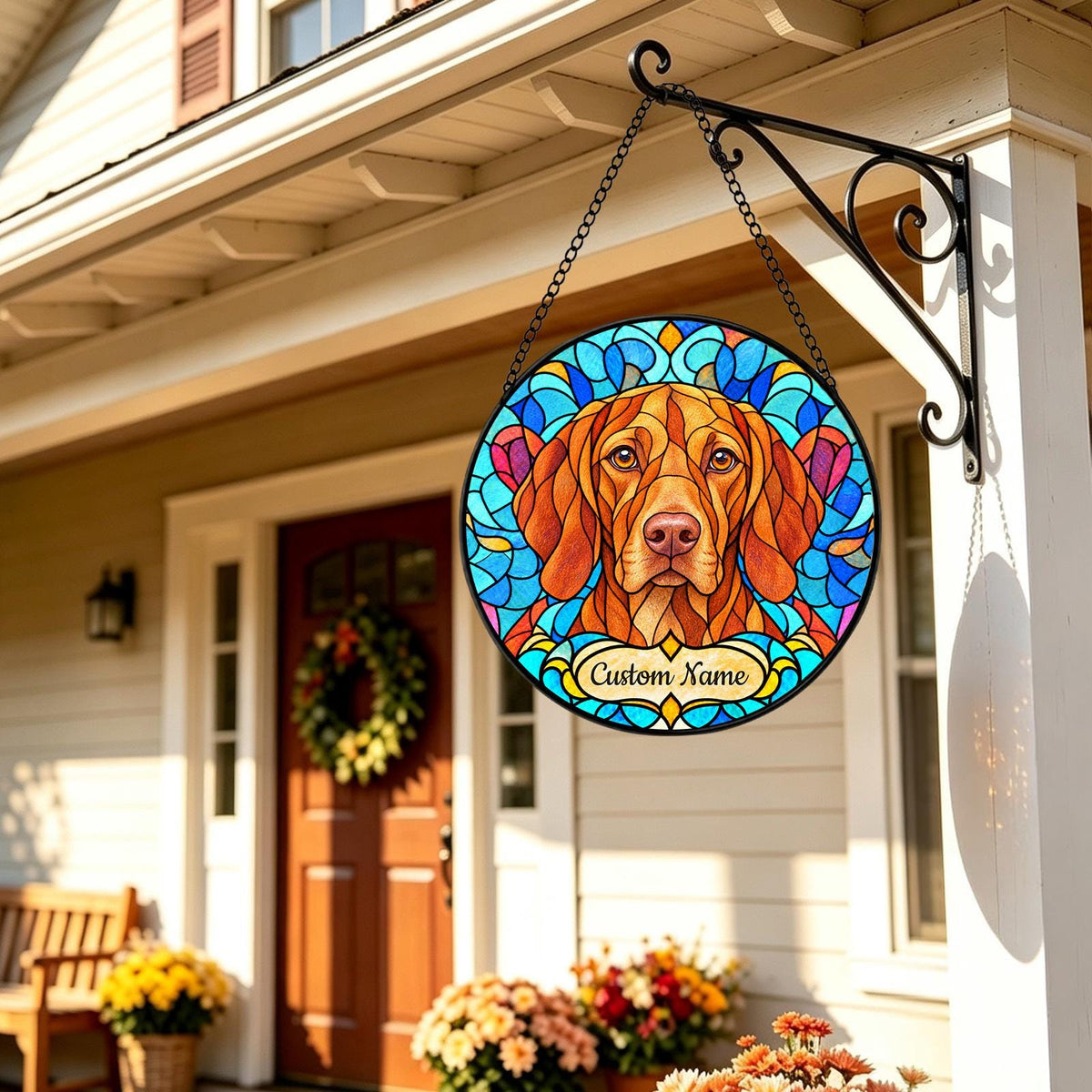 Personalized Vizsla Suncatcher, Custom Name, Floral Stained Glass Window Hanging