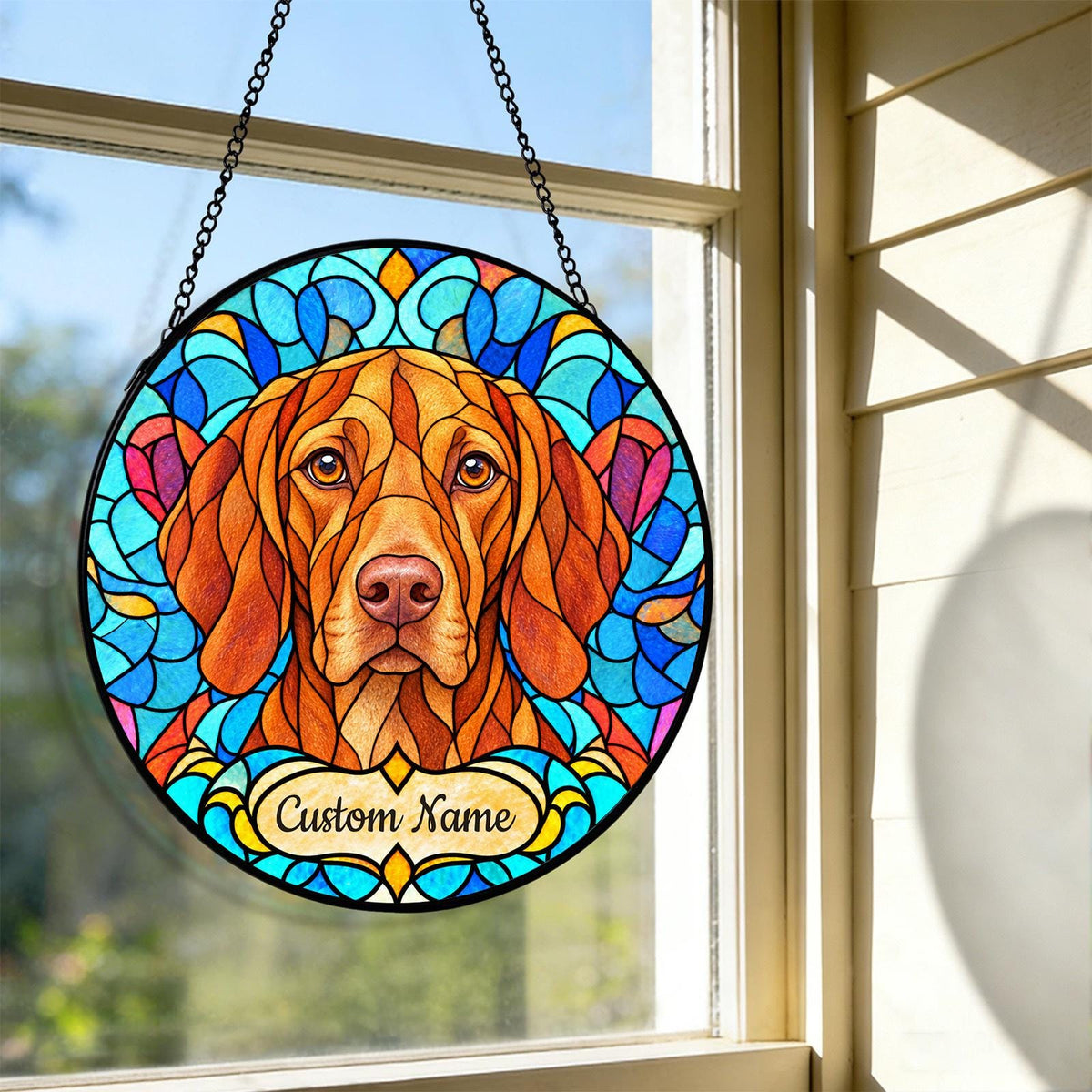 Personalized Vizsla Suncatcher, Custom Name, Floral Stained Glass Window Hanging