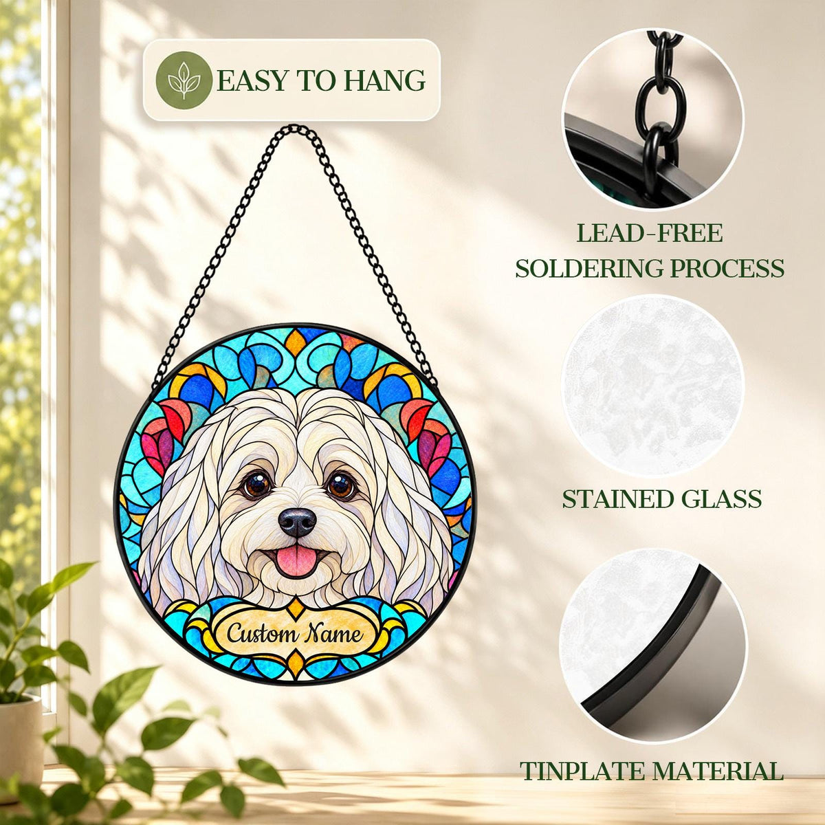 Personalized Maltese Suncatcher, Custom Name, Floral Stained Glass Window Hanging