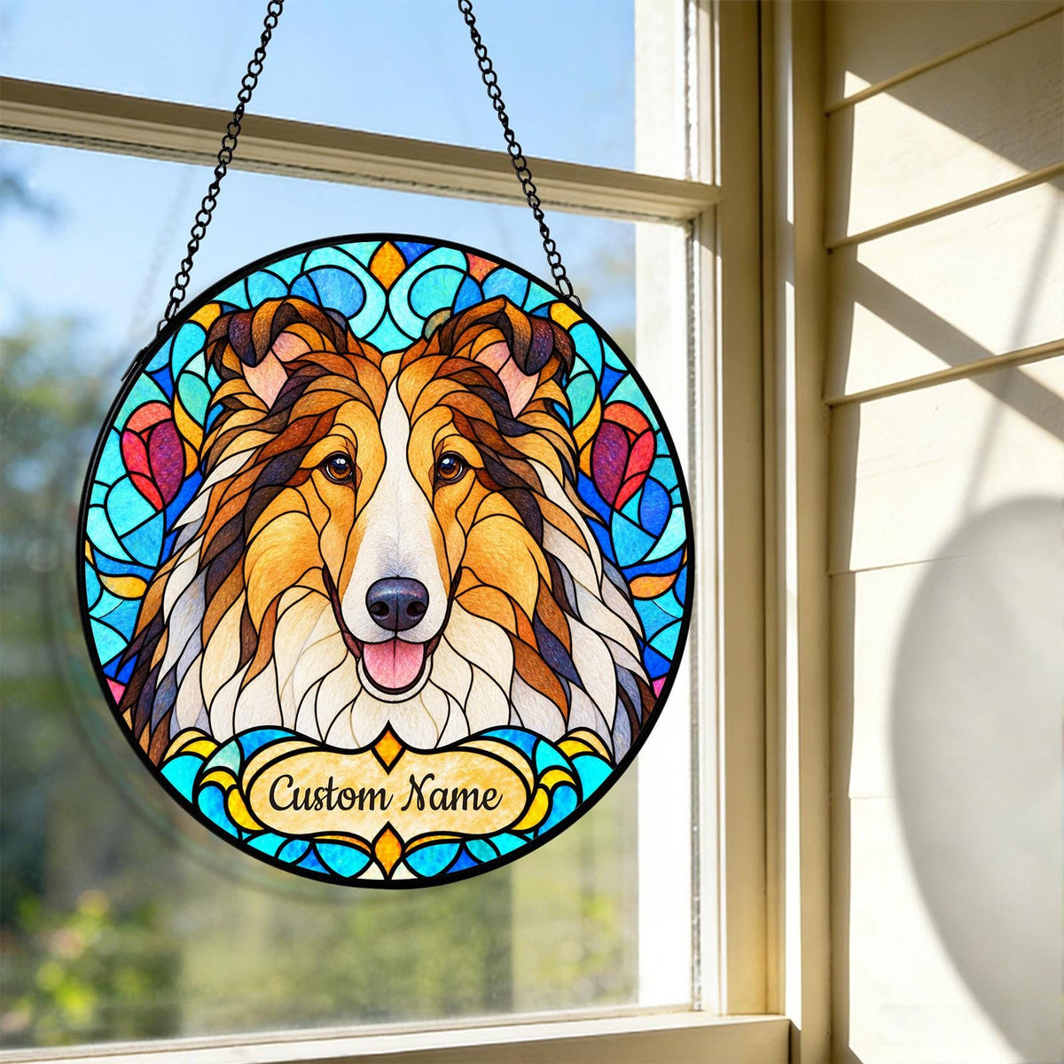 Personalized Collie Dog Suncatcher, Custom Name, Floral Stained Glass Window Hanging