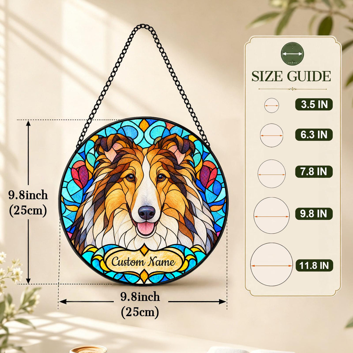 Personalized Collie Dog Suncatcher, Custom Name, Floral Stained Glass Window Hanging