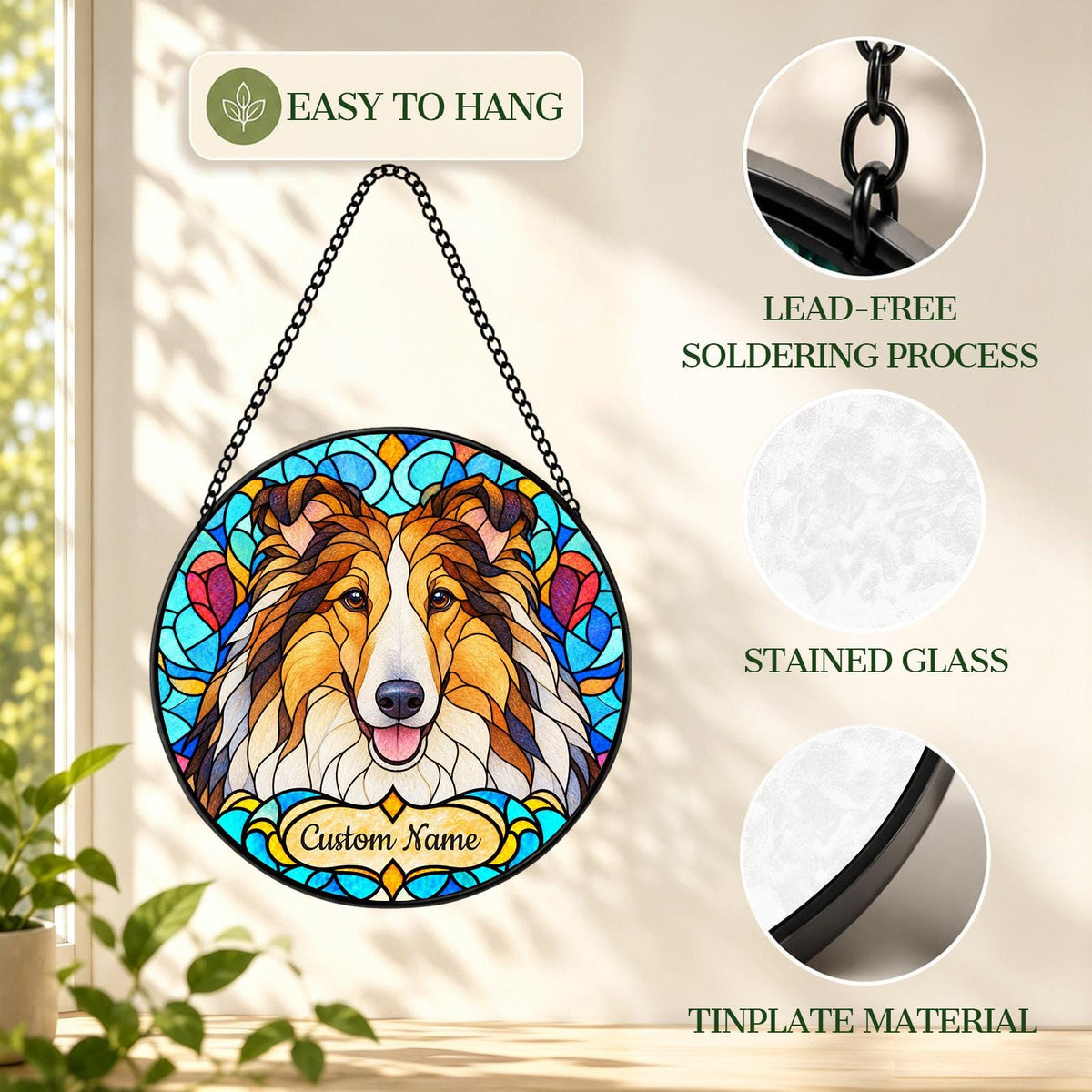 Personalized Collie Dog Suncatcher, Custom Name, Floral Stained Glass Window Hanging