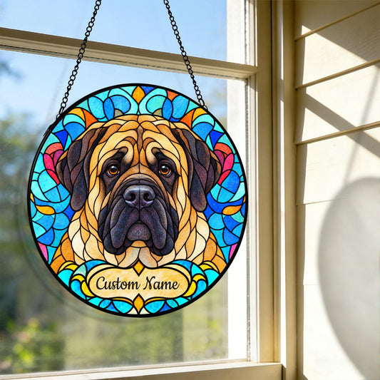 Personalized Mastiff Suncatcher, Custom Name, Floral Stained Glass Window Hanging