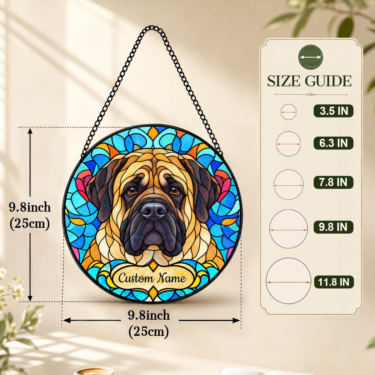 Personalized Mastiff Suncatcher, Custom Name, Floral Stained Glass Window Hanging