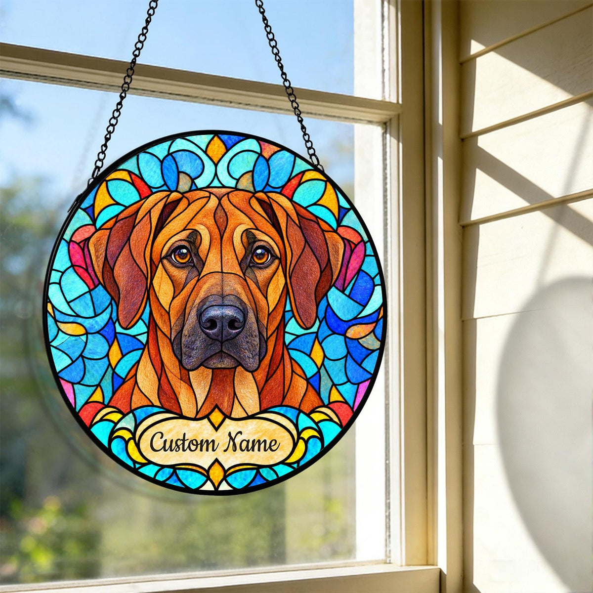 Personalized Rhodesian Ridgeback Suncatcher, Custom Name, Floral Stained Glass Window Hanging