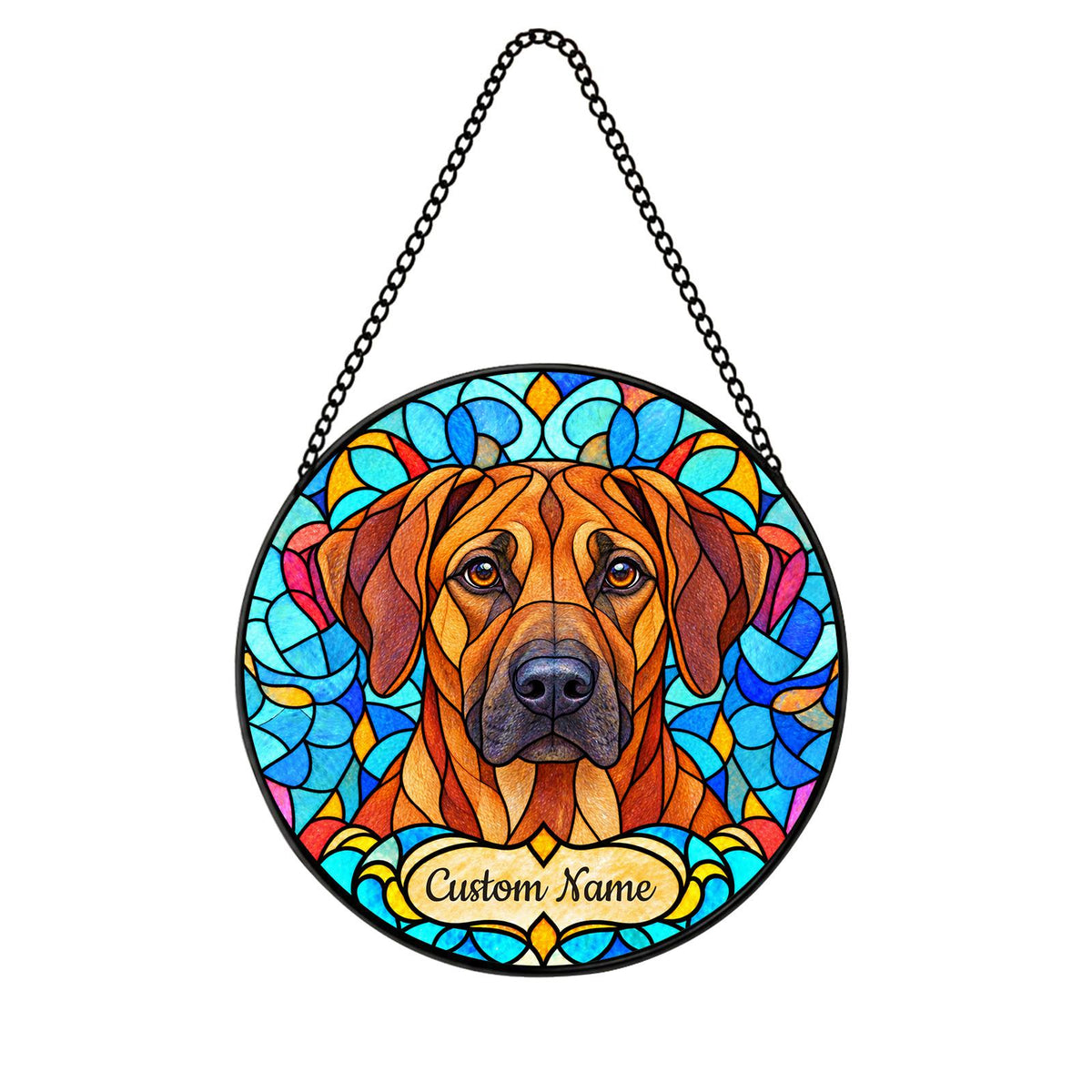 Personalized Rhodesian Ridgeback Suncatcher, Custom Name, Floral Stained Glass Window Hanging
