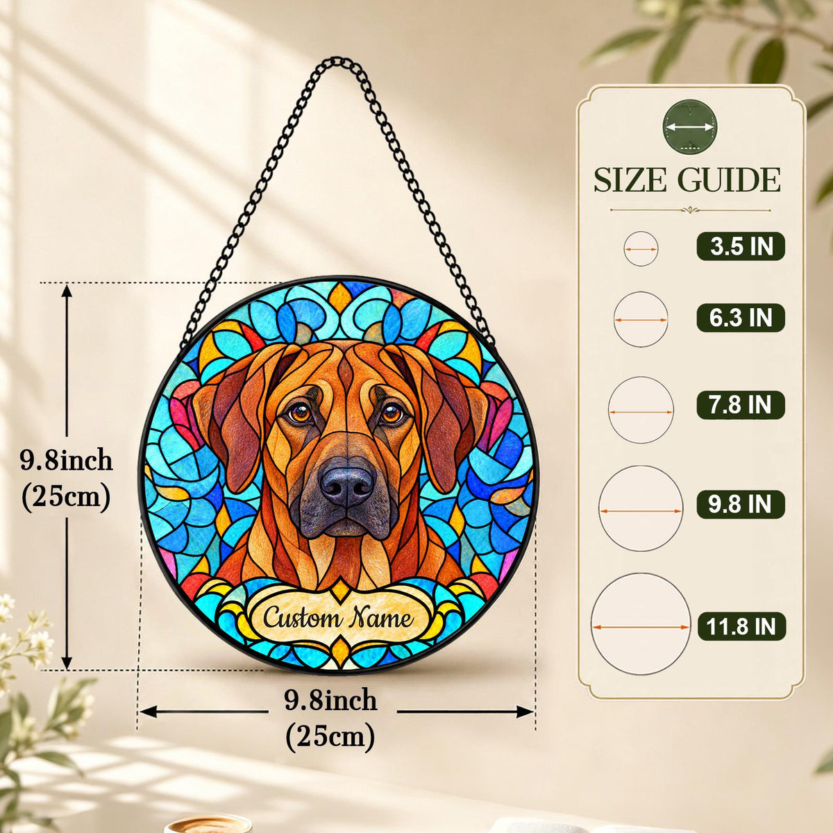 Personalized Rhodesian Ridgeback Suncatcher, Custom Name, Floral Stained Glass Window Hanging