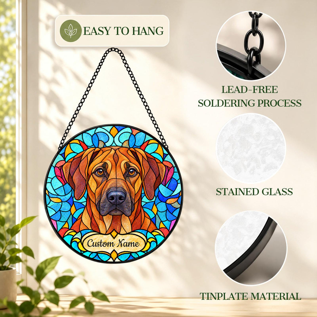 Personalized Rhodesian Ridgeback Suncatcher, Custom Name, Floral Stained Glass Window Hanging
