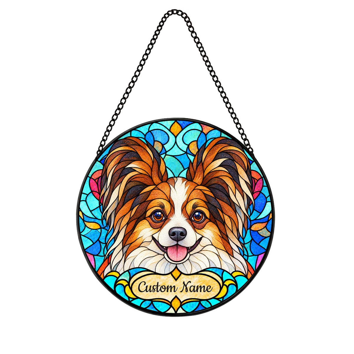 Personalized Papillon Dog Suncatcher, Custom Name, Floral Stained Glass Window Hanging